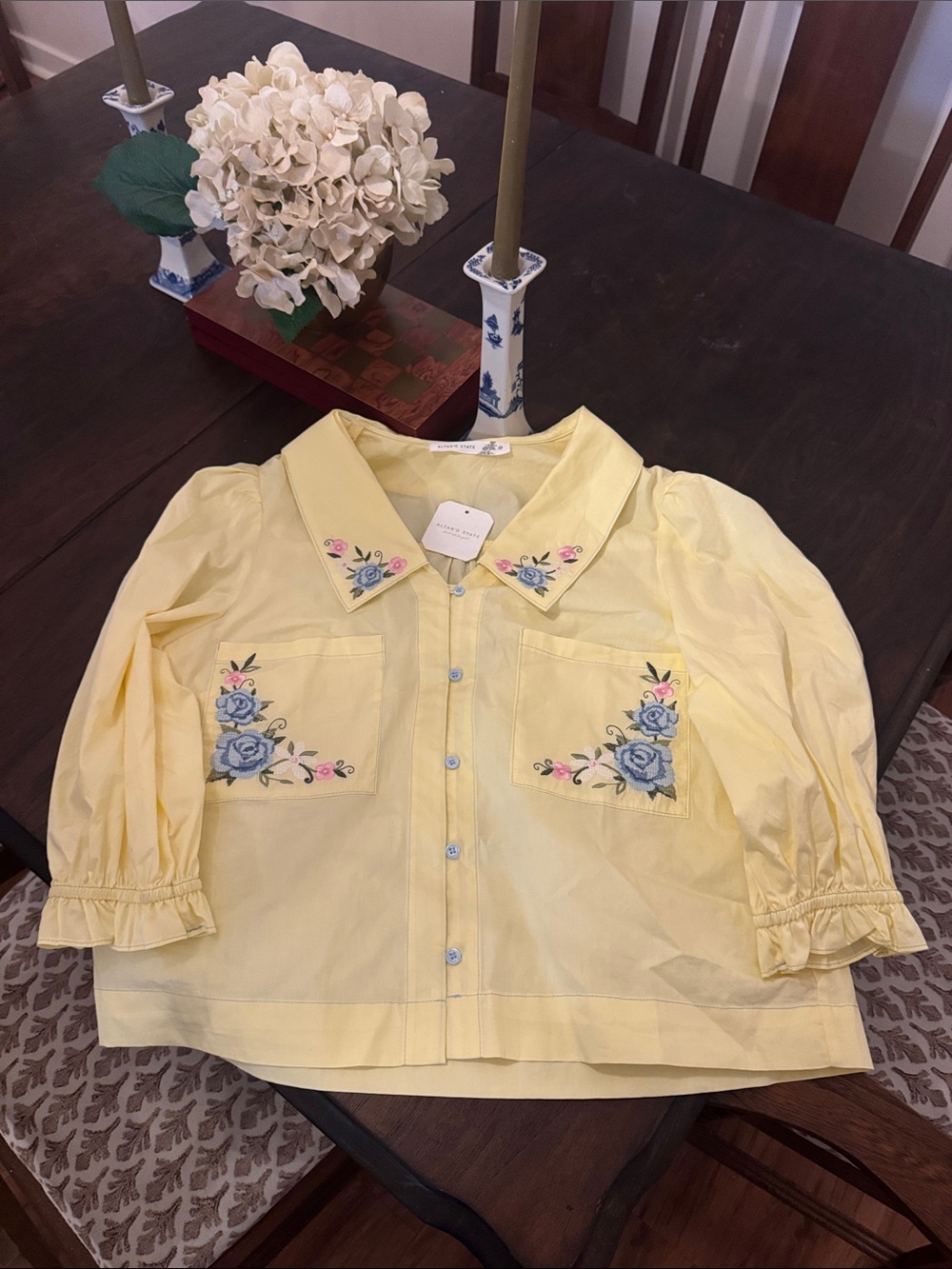 Altar'd State Yellow Embroidered Button-Front top